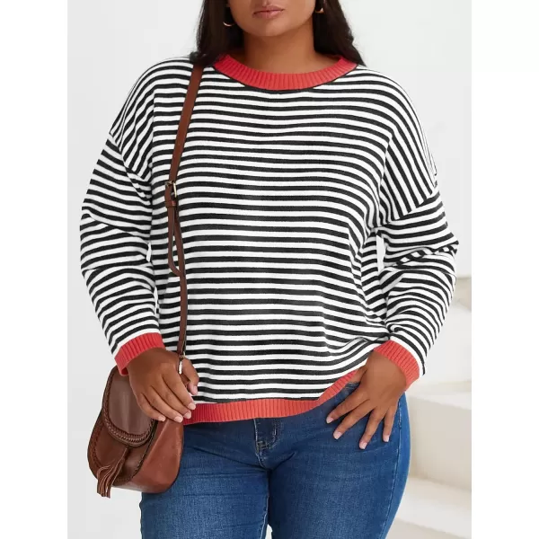 imageBeautife Womens Long Sleeve Striped Fall Sweaters Plus Size Color Block Crewneck Loose Knit Pullover Top XL5XLBlack