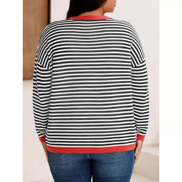 imageBeautife Womens Long Sleeve Striped Fall Sweaters Plus Size Color Block Crewneck Loose Knit Pullover Top XL5XLBlack