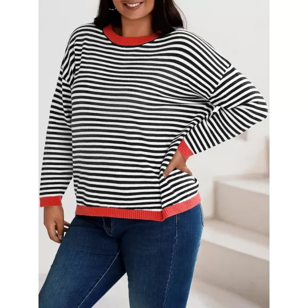 imageBeautife Womens Long Sleeve Striped Fall Sweaters Plus Size Color Block Crewneck Loose Knit Pullover Top XL5XLBlack