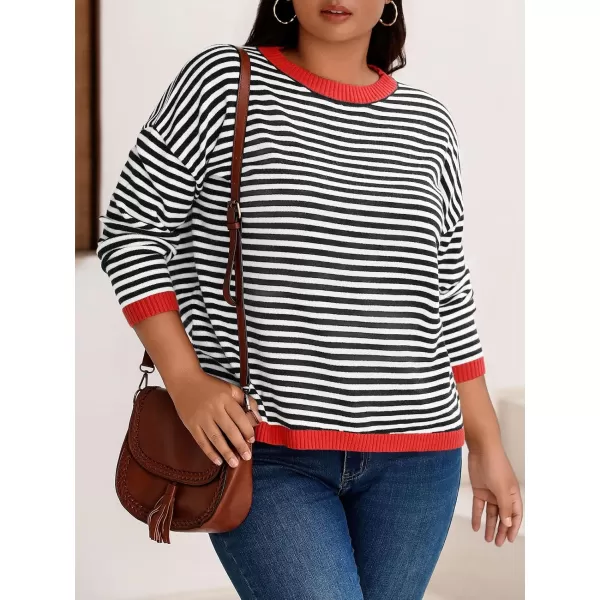 imageBeautife Womens Long Sleeve Striped Fall Sweaters Plus Size Color Block Crewneck Loose Knit Pullover Top XL5XLBlack