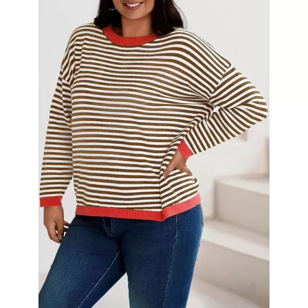 imageBeautife Womens Long Sleeve Striped Fall Sweaters Plus Size Color Block Crewneck Loose Knit Pullover Top XL5XLBrown