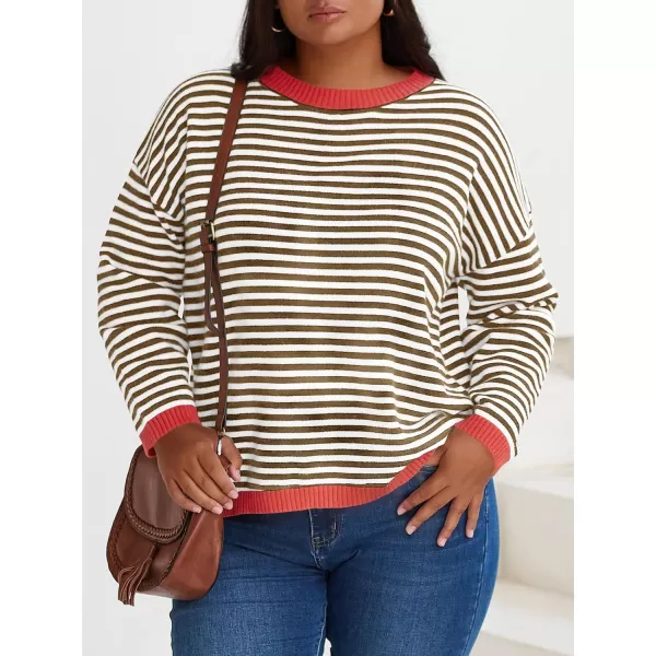 imageBeautife Womens Long Sleeve Striped Fall Sweaters Plus Size Color Block Crewneck Loose Knit Pullover Top XL5XLBrown