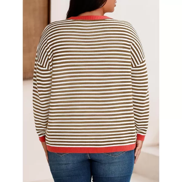 imageBeautife Womens Long Sleeve Striped Fall Sweaters Plus Size Color Block Crewneck Loose Knit Pullover Top XL5XLBrown