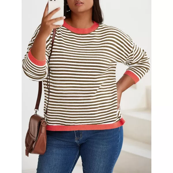 imageBeautife Womens Long Sleeve Striped Fall Sweaters Plus Size Color Block Crewneck Loose Knit Pullover Top XL5XLBrown