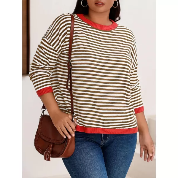 imageBeautife Womens Long Sleeve Striped Fall Sweaters Plus Size Color Block Crewneck Loose Knit Pullover Top XL5XLBrown