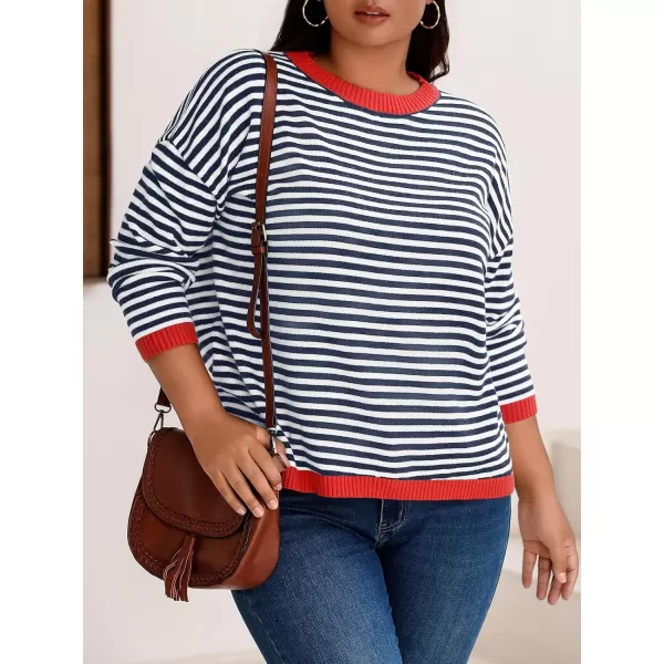 imageBeautife Womens Long Sleeve Striped Fall Sweaters Plus Size Color Block Crewneck Loose Knit Pullover Top XL5XLNavy Blue