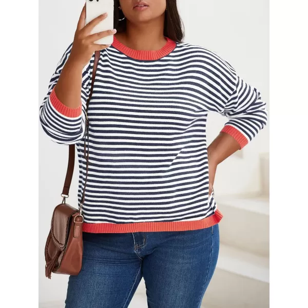 imageBeautife Womens Long Sleeve Striped Fall Sweaters Plus Size Color Block Crewneck Loose Knit Pullover Top XL5XLNavy Blue