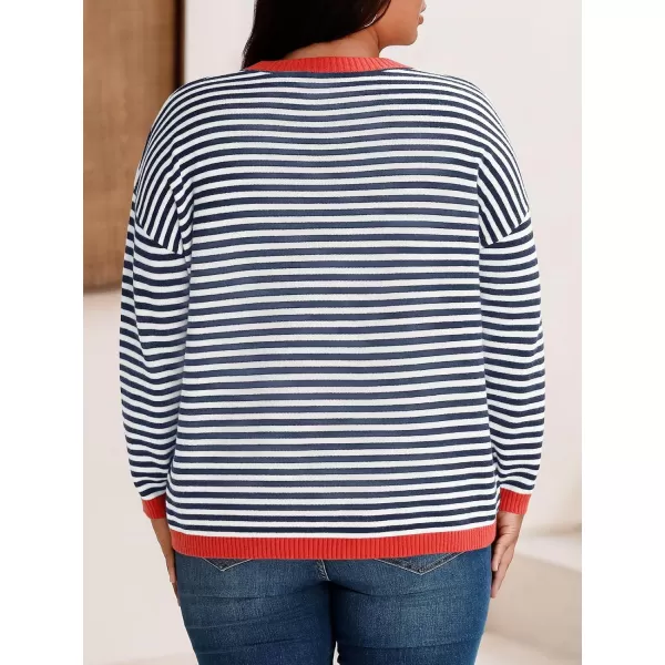 imageBeautife Womens Long Sleeve Striped Fall Sweaters Plus Size Color Block Crewneck Loose Knit Pullover Top XL5XLNavy Blue