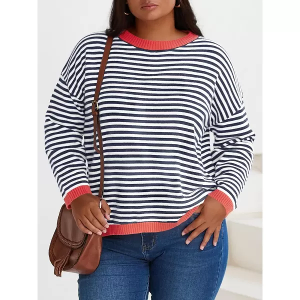 imageBeautife Womens Long Sleeve Striped Fall Sweaters Plus Size Color Block Crewneck Loose Knit Pullover Top XL5XLNavy Blue