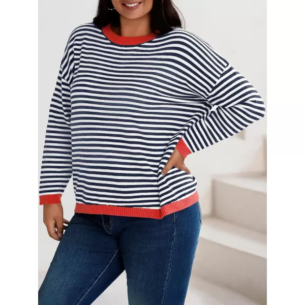 imageBeautife Womens Long Sleeve Striped Fall Sweaters Plus Size Color Block Crewneck Loose Knit Pullover Top XL5XLNavy Blue