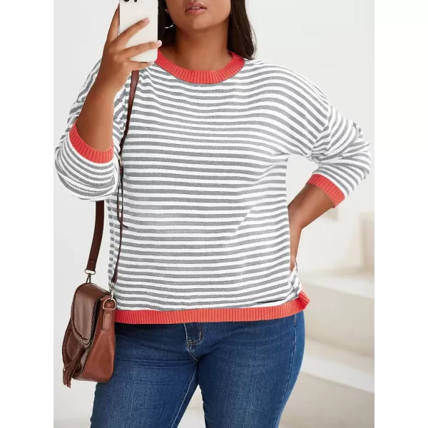 imageBeautife Womens Long Sleeve Striped Fall Sweaters Plus Size Color Block Crewneck Loose Knit Pullover Top XL5XLWhite