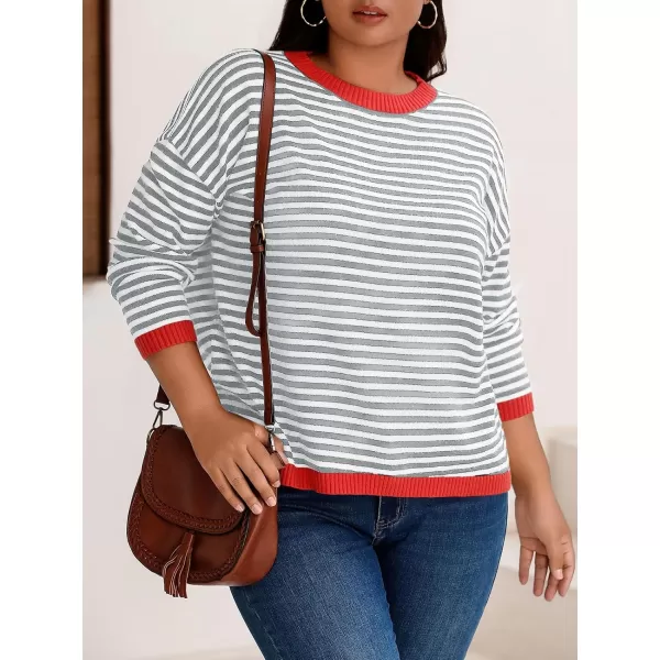 imageBeautife Womens Long Sleeve Striped Fall Sweaters Plus Size Color Block Crewneck Loose Knit Pullover Top XL5XLWhite