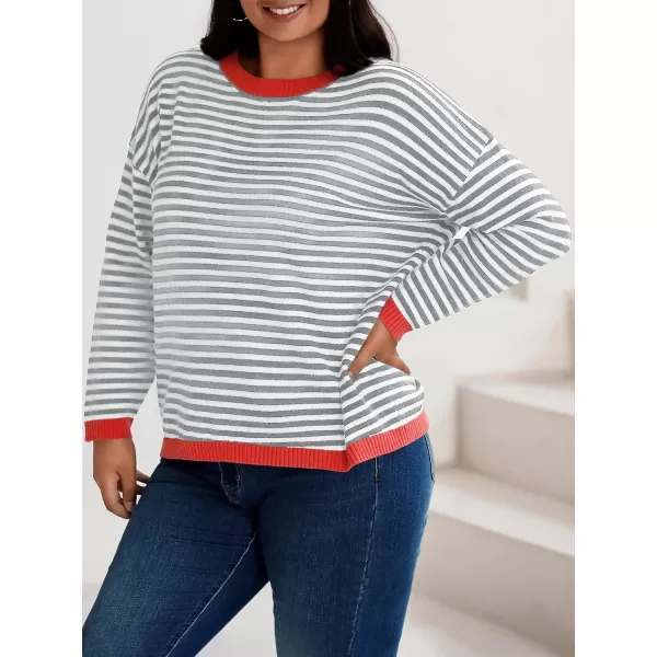 imageBeautife Womens Long Sleeve Striped Fall Sweaters Plus Size Color Block Crewneck Loose Knit Pullover Top XL5XLWhite