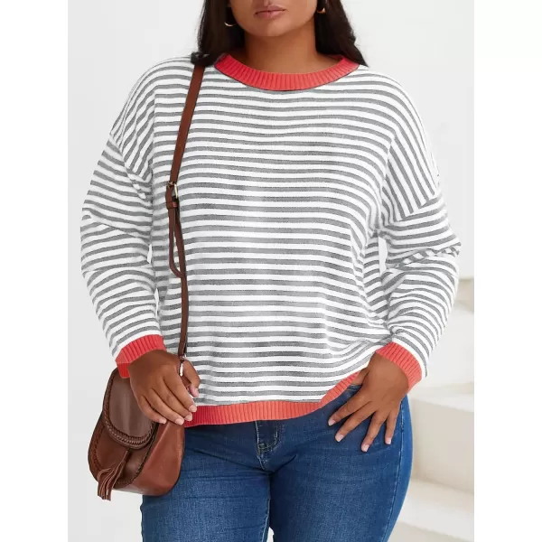 imageBeautife Womens Long Sleeve Striped Fall Sweaters Plus Size Color Block Crewneck Loose Knit Pullover Top XL5XLWhite