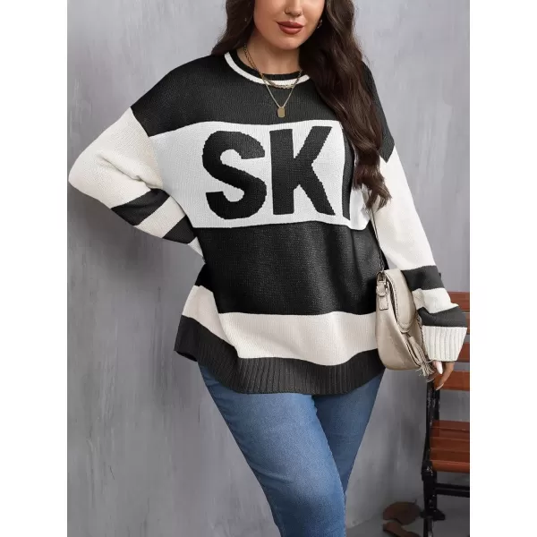 imageBeautife Womens Plus Size Color Block Sweater Ski Print Fall Trendy Crew Neck Long Sleeve Loose Pullover Knit TopsBlack and White