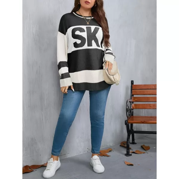 imageBeautife Womens Plus Size Color Block Sweater Ski Print Fall Trendy Crew Neck Long Sleeve Loose Pullover Knit TopsBlack and White