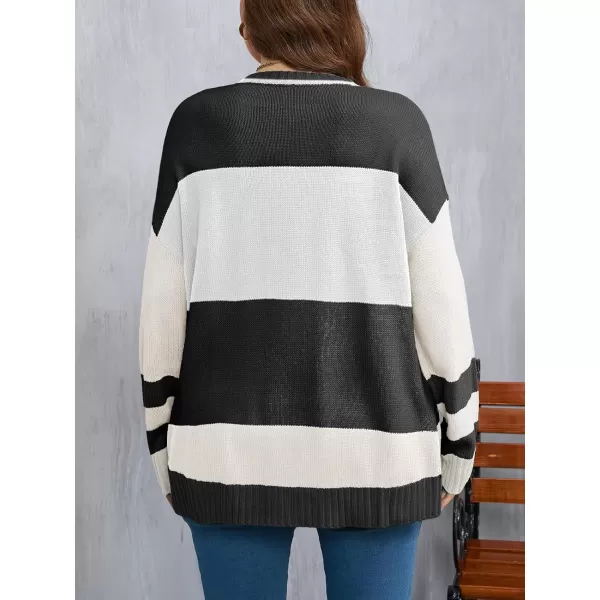 imageBeautife Womens Plus Size Color Block Sweater Ski Print Fall Trendy Crew Neck Long Sleeve Loose Pullover Knit TopsBlack and White