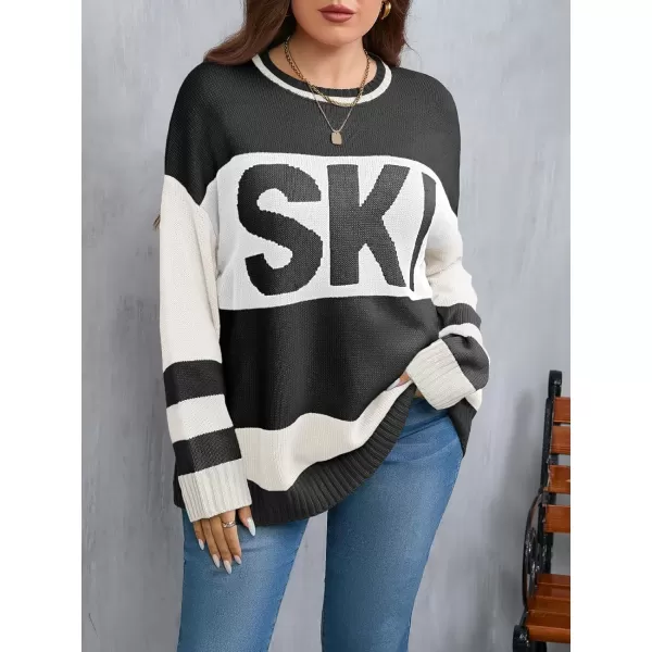 imageBeautife Womens Plus Size Color Block Sweater Ski Print Fall Trendy Crew Neck Long Sleeve Loose Pullover Knit TopsBlack and White