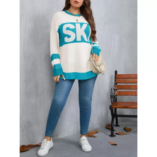 imageBeautife Womens Plus Size Color Block Sweater Ski Print Fall Trendy Crew Neck Long Sleeve Loose Pullover Knit TopsBlue