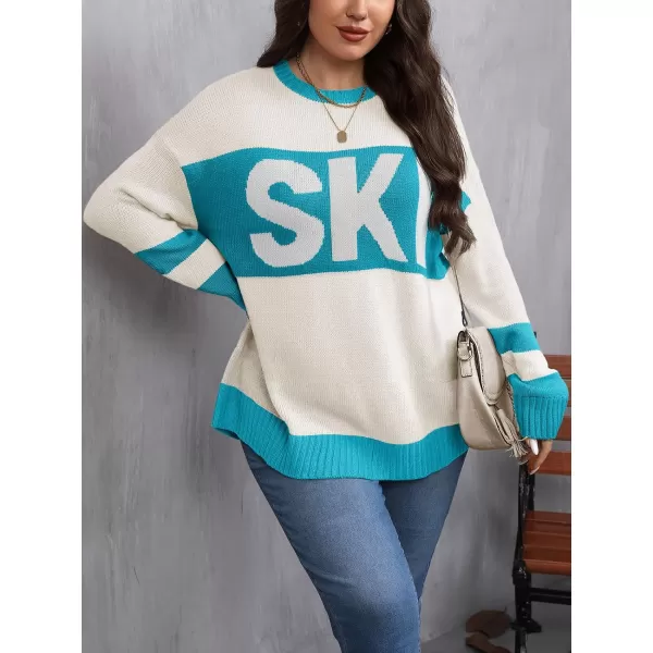 imageBeautife Womens Plus Size Color Block Sweater Ski Print Fall Trendy Crew Neck Long Sleeve Loose Pullover Knit TopsBlue