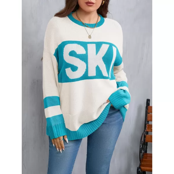 imageBeautife Womens Plus Size Color Block Sweater Ski Print Fall Trendy Crew Neck Long Sleeve Loose Pullover Knit TopsBlue