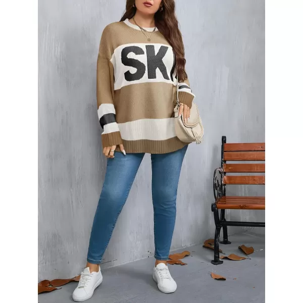 imageBeautife Womens Plus Size Color Block Sweater Ski Print Fall Trendy Crew Neck Long Sleeve Loose Pullover Knit TopsKhaki