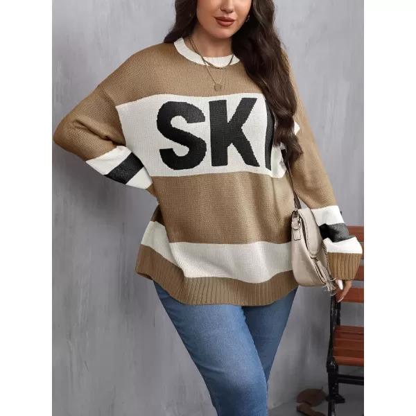 imageBeautife Womens Plus Size Color Block Sweater Ski Print Fall Trendy Crew Neck Long Sleeve Loose Pullover Knit TopsKhaki