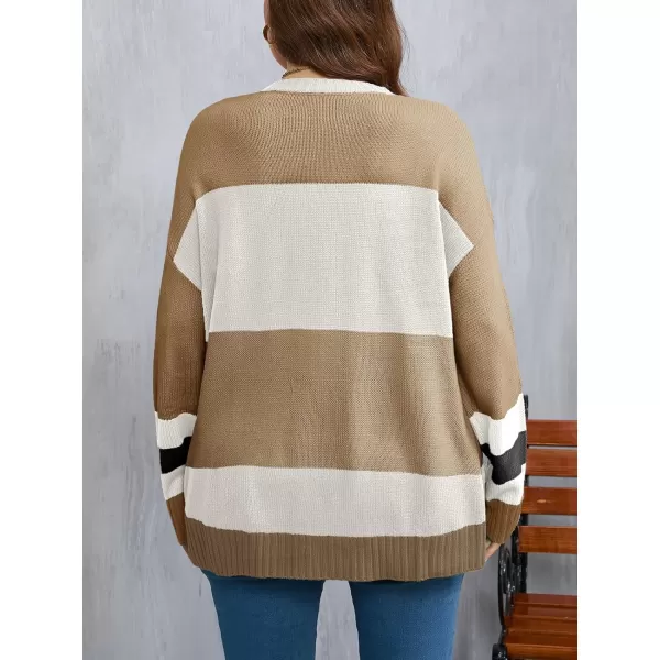 imageBeautife Womens Plus Size Color Block Sweater Ski Print Fall Trendy Crew Neck Long Sleeve Loose Pullover Knit TopsKhaki