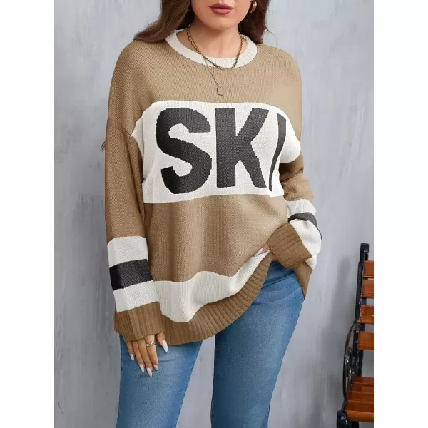 imageBeautife Womens Plus Size Color Block Sweater Ski Print Fall Trendy Crew Neck Long Sleeve Loose Pullover Knit TopsKhaki