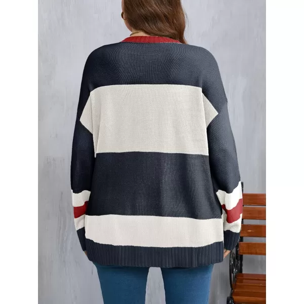 imageBeautife Womens Plus Size Color Block Sweater Ski Print Fall Trendy Crew Neck Long Sleeve Loose Pullover Knit TopsNavy Blue