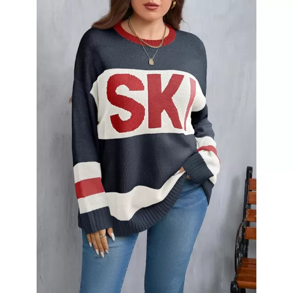 imageBeautife Womens Plus Size Color Block Sweater Ski Print Fall Trendy Crew Neck Long Sleeve Loose Pullover Knit TopsNavy Blue