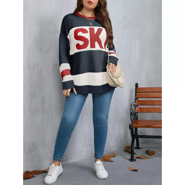 imageBeautife Womens Plus Size Color Block Sweater Ski Print Fall Trendy Crew Neck Long Sleeve Loose Pullover Knit TopsNavy Blue