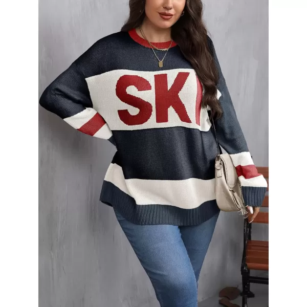 imageBeautife Womens Plus Size Color Block Sweater Ski Print Fall Trendy Crew Neck Long Sleeve Loose Pullover Knit TopsNavy Blue