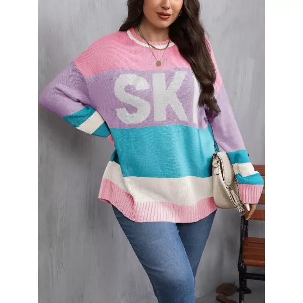 imageBeautife Womens Plus Size Color Block Sweater Ski Print Fall Trendy Crew Neck Long Sleeve Loose Pullover Knit TopsPink