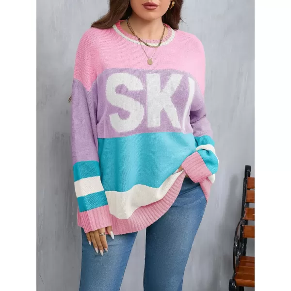 imageBeautife Womens Plus Size Color Block Sweater Ski Print Fall Trendy Crew Neck Long Sleeve Loose Pullover Knit TopsPink