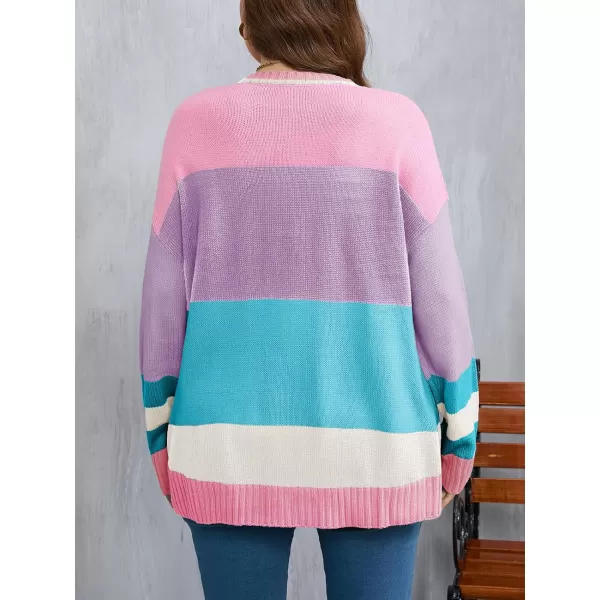 imageBeautife Womens Plus Size Color Block Sweater Ski Print Fall Trendy Crew Neck Long Sleeve Loose Pullover Knit TopsPink