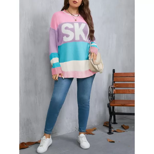 imageBeautife Womens Plus Size Color Block Sweater Ski Print Fall Trendy Crew Neck Long Sleeve Loose Pullover Knit TopsPink