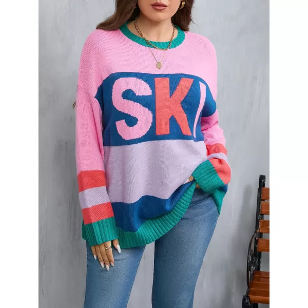 imageBeautife Womens Plus Size Color Block Sweater Ski Print Fall Trendy Crew Neck Long Sleeve Loose Pullover Knit TopsRose Red