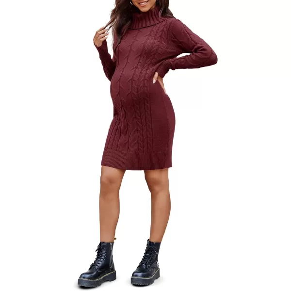 imageLangwyqu Womens Maternity Sweater Dress Cable Knit Sexy Bodycon Turtleneck Long Sleeve Mini Fall Sweaters DressesWine Red