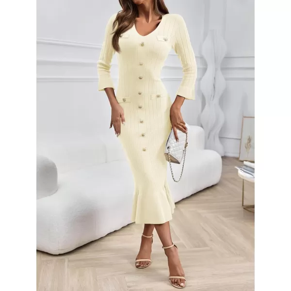 imageSaodimallsu Womens Bodycon Fall Winter Sweater Dress V Neck 34 Sleeve Button Ruffle Ribbed Knit Midi DressesBeige