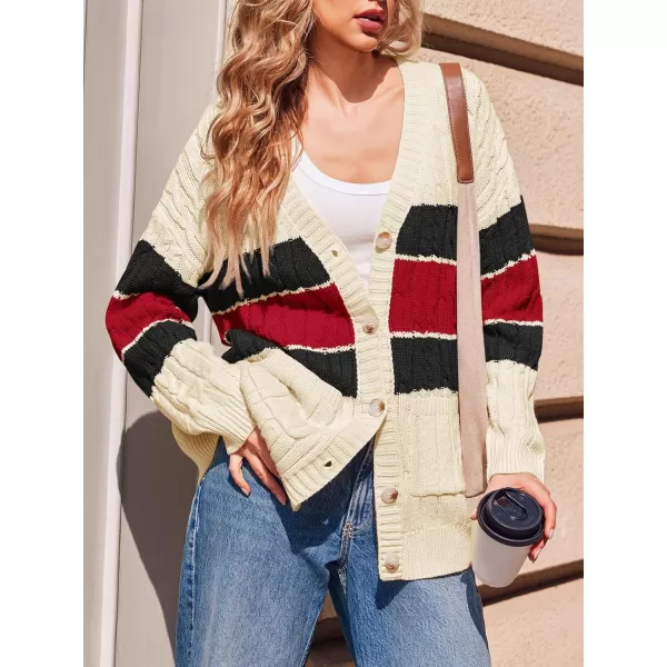 imageSaodimallsu Womens Color Block Cardigan V Neck Button Up Oversized Long Sleeve Fall Open Front Cable Knit Sweater CoatBlack