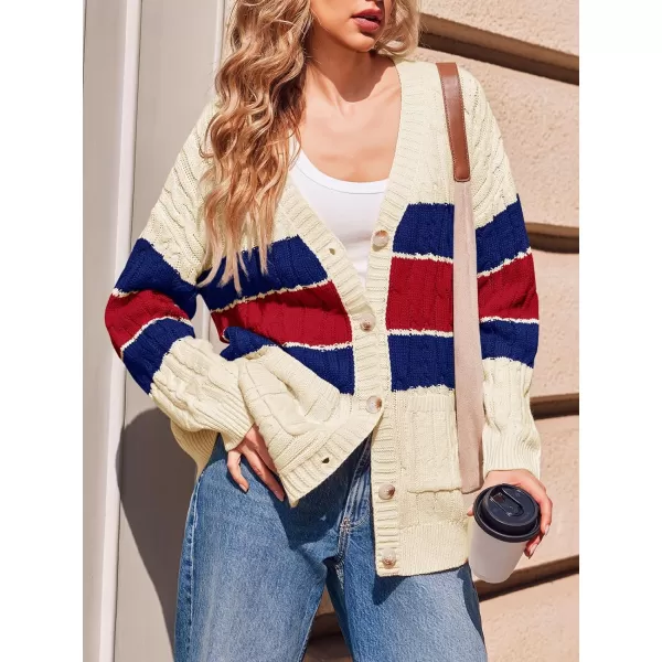 imageSaodimallsu Womens Color Block Cardigan V Neck Button Up Oversized Long Sleeve Fall Open Front Cable Knit Sweater CoatBlue