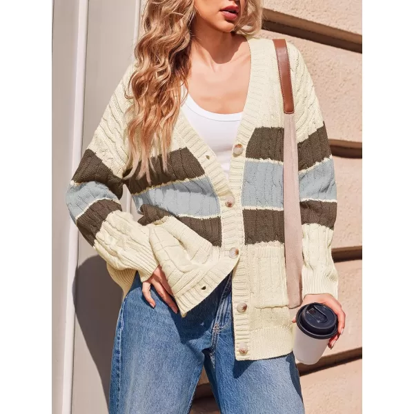 imageSaodimallsu Womens Color Block Cardigan V Neck Button Up Oversized Long Sleeve Fall Open Front Cable Knit Sweater CoatKhaki