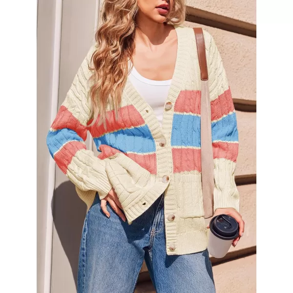 imageSaodimallsu Womens Color Block Cardigan V Neck Button Up Oversized Long Sleeve Fall Open Front Cable Knit Sweater CoatPink