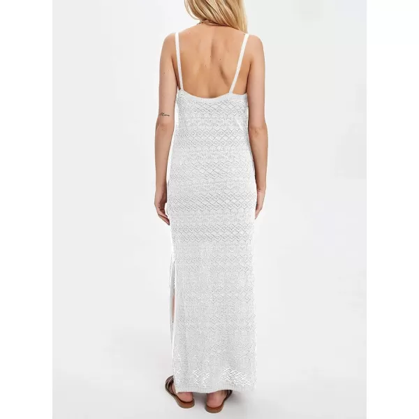 imageSaodimallsu Womens Crochet Long Dress V Neck Spaghetti Strap Backless Sleeveless Beach Vacation Dresses White Small