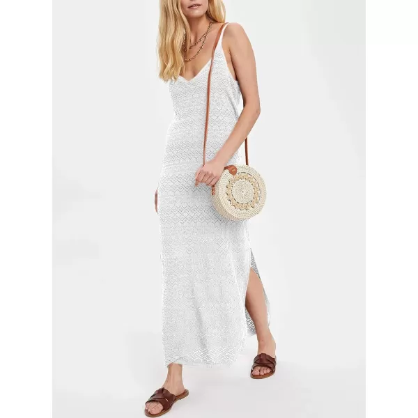 imageSaodimallsu Womens Crochet Long Dress V Neck Spaghetti Strap Backless Sleeveless Beach Vacation Dresses White Small