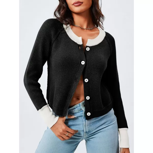 imageSaodimallsu Womens Cropped Cardigan Sweaters Button Down Open Front Long Sleeve Fall Trendy Color Block Knit CoatsBlack