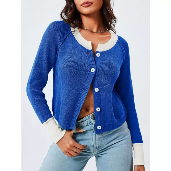 imageSaodimallsu Womens Cropped Cardigan Sweaters Button Down Open Front Long Sleeve Fall Trendy Color Block Knit CoatsBlue