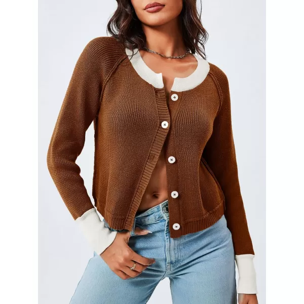 imageSaodimallsu Womens Cropped Cardigan Sweaters Button Down Open Front Long Sleeve Fall Trendy Color Block Knit CoatsCoffee