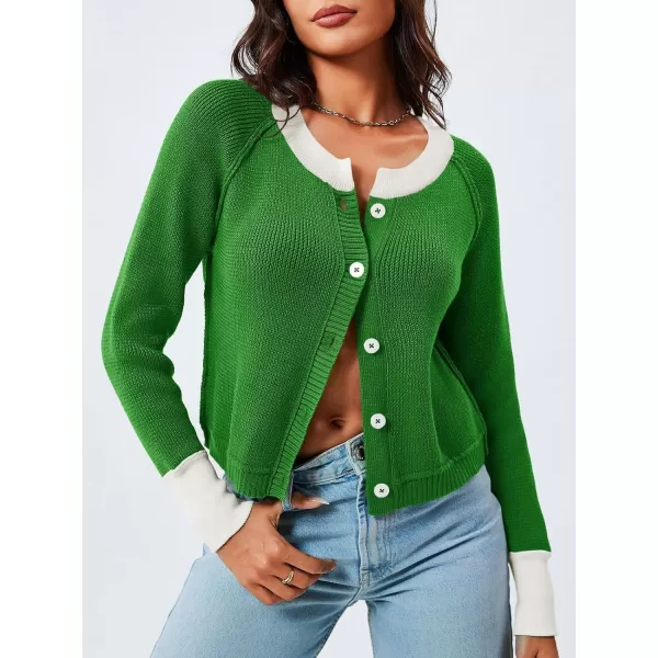 imageSaodimallsu Womens Cropped Cardigan Sweaters Button Down Open Front Long Sleeve Fall Trendy Color Block Knit CoatsGreen